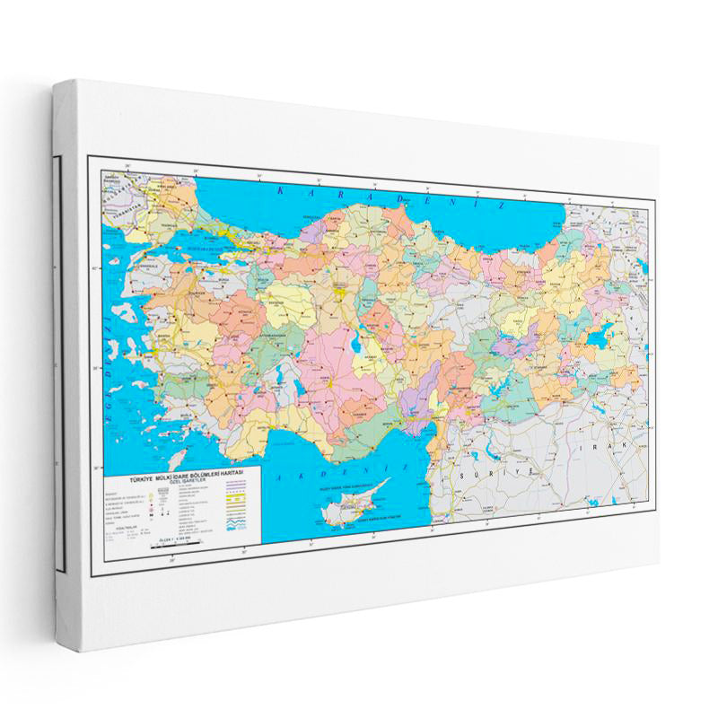Yatay Kanvas Tablo Türkiye Mülki İdare Harita Tablosu Ev Ofis Duvar Dekoru