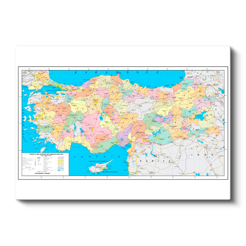Yatay Kanvas Tablo Türkiye Mülki İdare Harita Tablosu Ev Ofis Duvar Dekoru