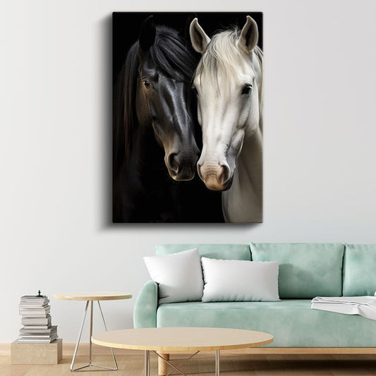 İkili Kontrast - Siyah ve Beyaz Atlar Kanvas Tablo