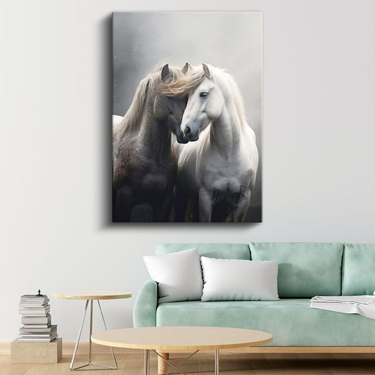 Sevgi Dolu Atlar - Birbirine Sokulmuş Çift Kanvas Tablo
