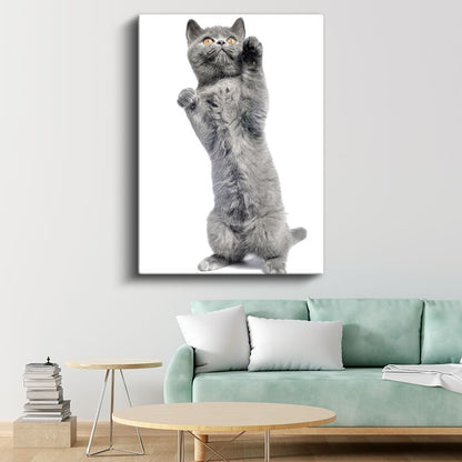 Oyuncu Gri Kedi - İki Ayak Üstünde Şirinlik Kanvas Tablo