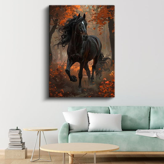 Sonbahar Atı - Turuncu Yapraklar Arasında Koşu Kanvas Tablo