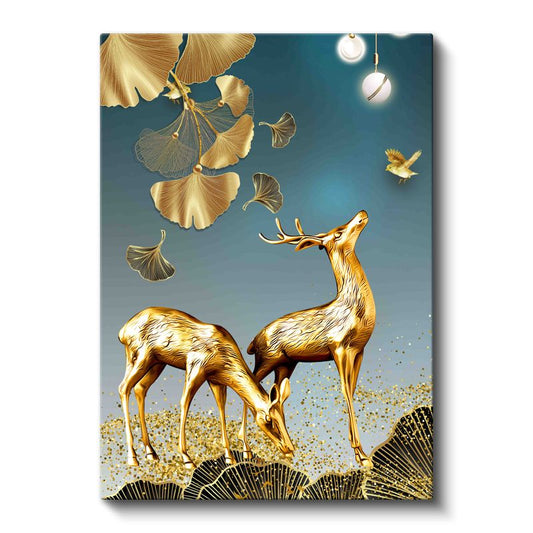 Altın Geyikler - Zarif İkili Kanvas Tablo