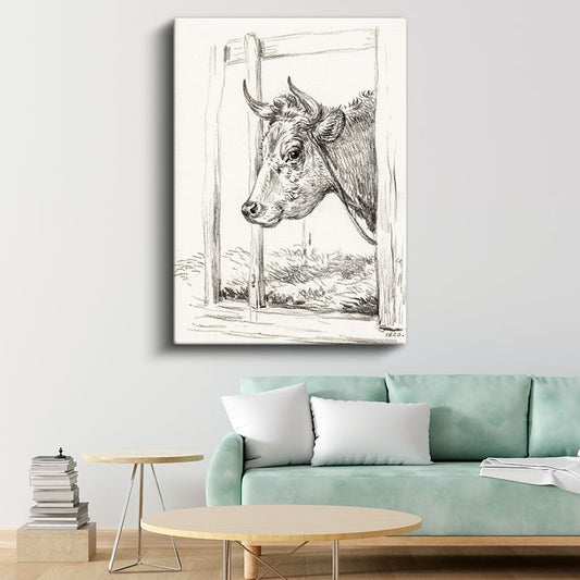 Karakalem İnek - Nostaljik Çiftlik Hayvanı Kanvas Tablo
