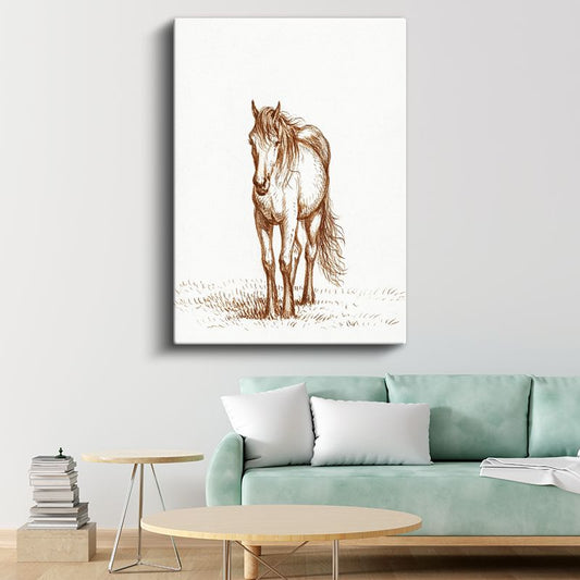Çizim At - Çayırda Duran Özgür Ruh Kanvas Tablo
