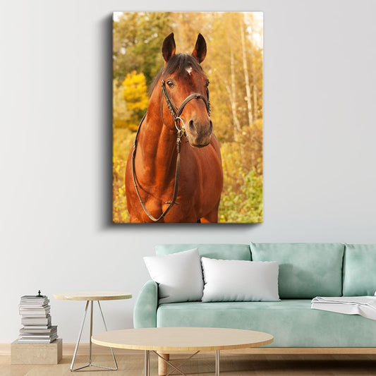 Asil At - Sonbahar Manzarasında Kahverengi Safkan Kanvas Tablo