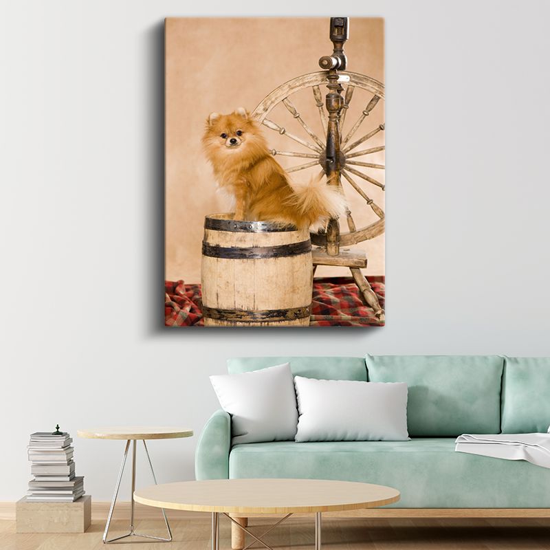 Pomeranian Köpek - Ahşap Fıçı Üzerinde Sevimli Tüylü Dost Kanvas Tablo