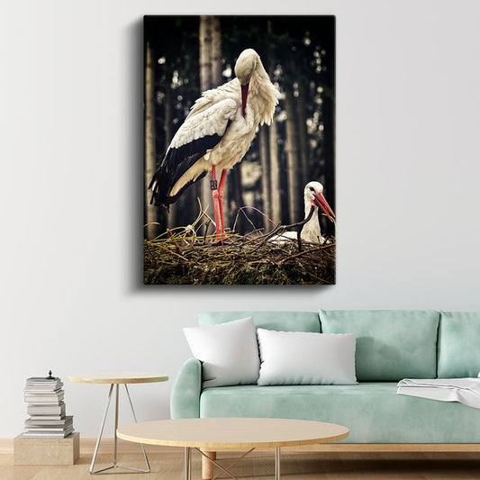 Leylek Ailesi - Yuvada Duran Zarif Leylekler Kanvas Tablo
