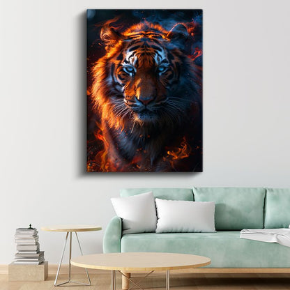 Ateş Kaplanı - Alevler İçinde Mavi Gözlü Yırtıcı Kanvas Tablo