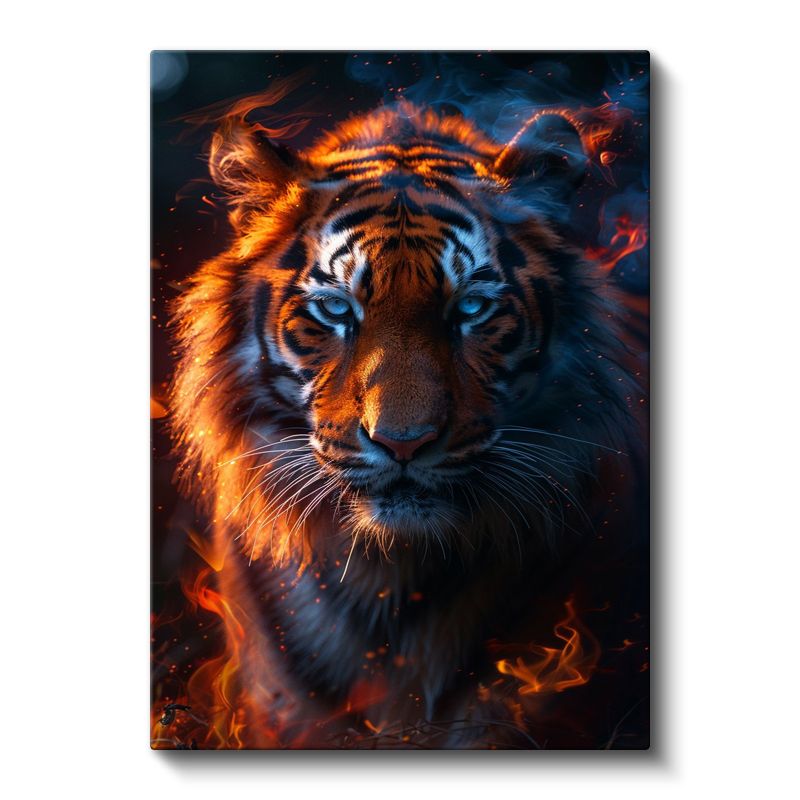 Ateş Kaplanı - Alevler İçinde Mavi Gözlü Yırtıcı Kanvas Tablo