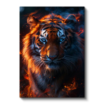Ateş Kaplanı - Alevler İçinde Mavi Gözlü Yırtıcı Kanvas Tablo