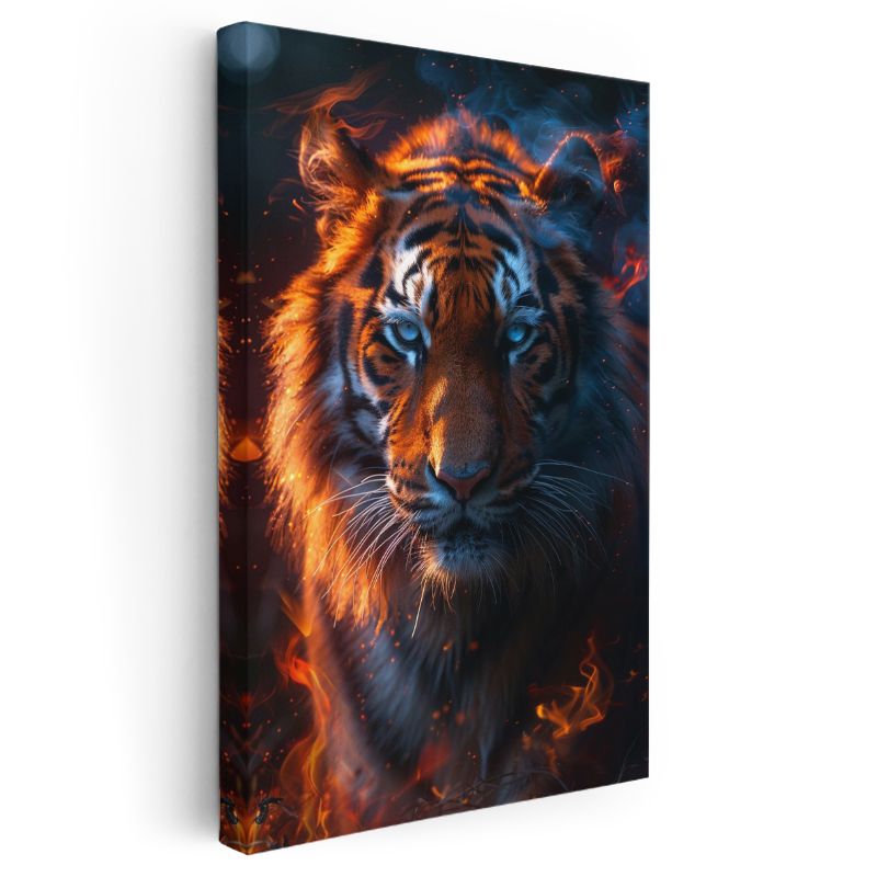 Ateş Kaplanı - Alevler İçinde Mavi Gözlü Yırtıcı Kanvas Tablo