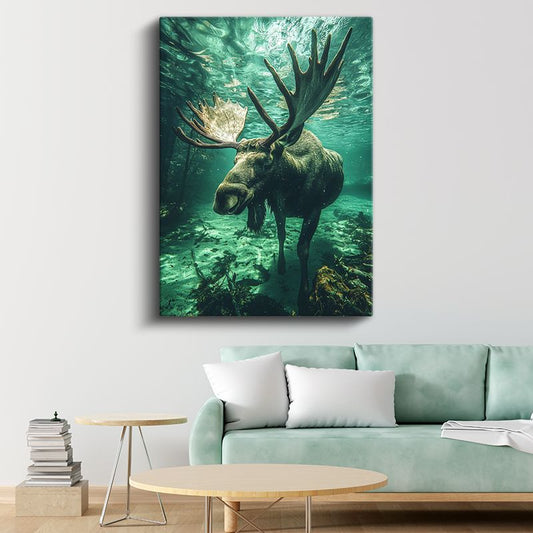 Su Altı Geyiği - Yeşil Derinliklerde Yüzen Boynuzlu Devasa Kanvas Tablo