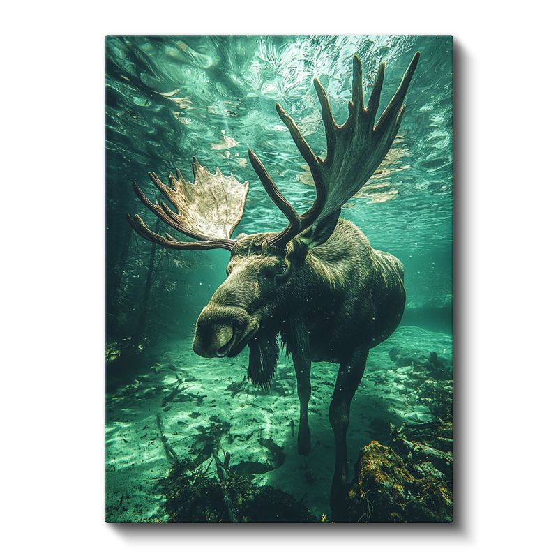 Su Altı Geyiği - Yeşil Derinliklerde Yüzen Boynuzlu Devasa Kanvas Tablo