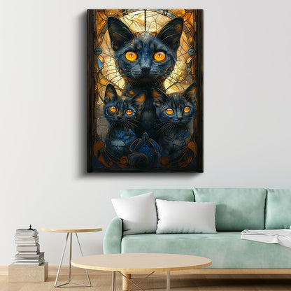 Mistik Kediler - Sarı Gözlü Üç Siyah Kedi Portresi Kanvas Tablo