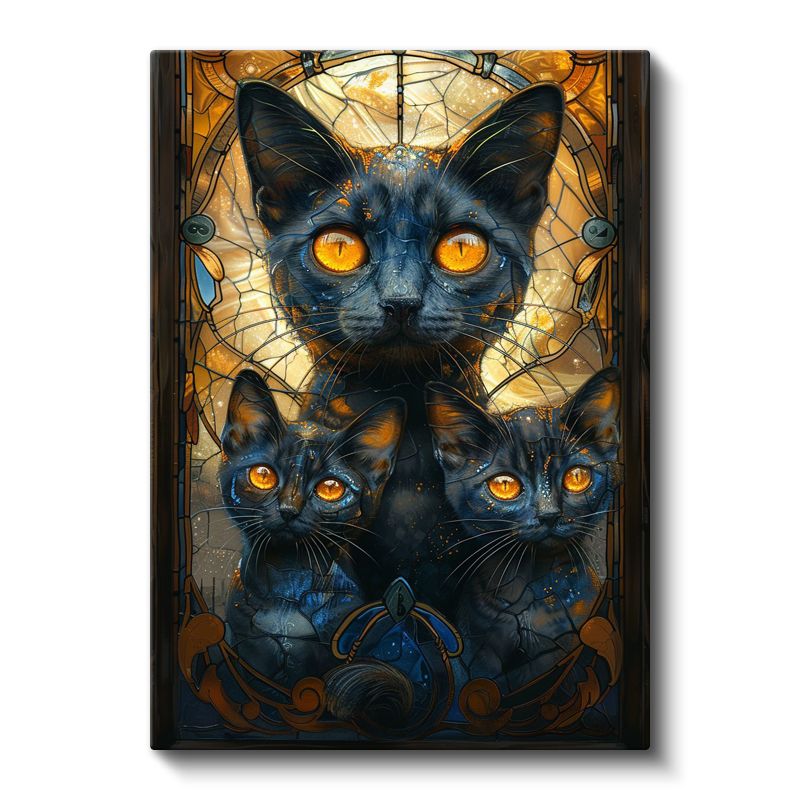 Mistik Kediler - Sarı Gözlü Üç Siyah Kedi Portresi Kanvas Tablo