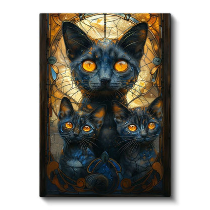 Mistik Kediler - Sarı Gözlü Üç Siyah Kedi Portresi Kanvas Tablo