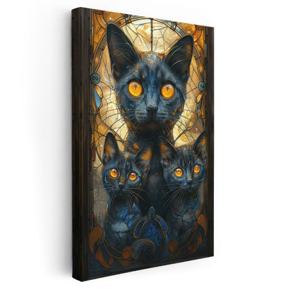 Mistik Kediler - Sarı Gözlü Üç Siyah Kedi Portresi Kanvas Tablo