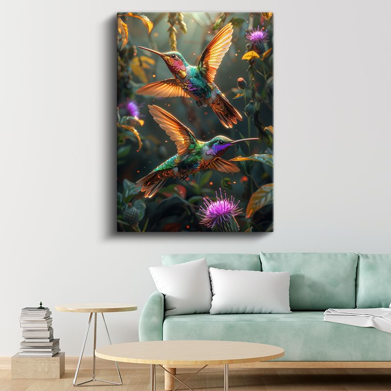 Sinek Kuşları - Çiçekler Arasında Dans Eden Renkli İkili Kanvas Tablo