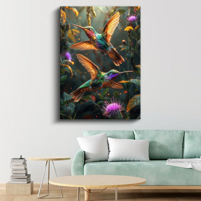 Sinek Kuşları - Çiçekler Arasında Dans Eden Renkli İkili Kanvas Tablo
