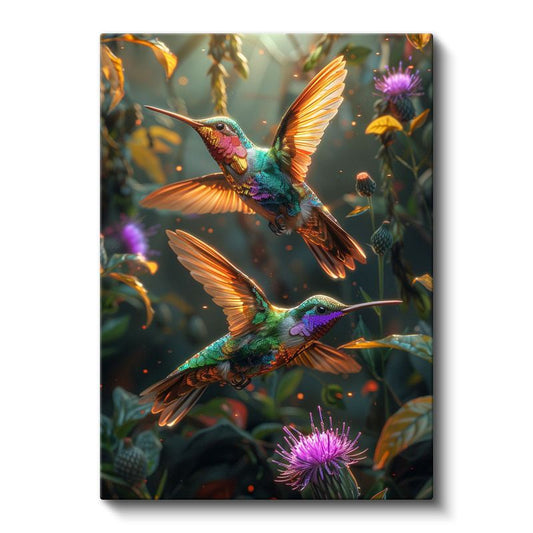 Sinek Kuşları - Çiçekler Arasında Dans Eden Renkli İkili Kanvas Tablo