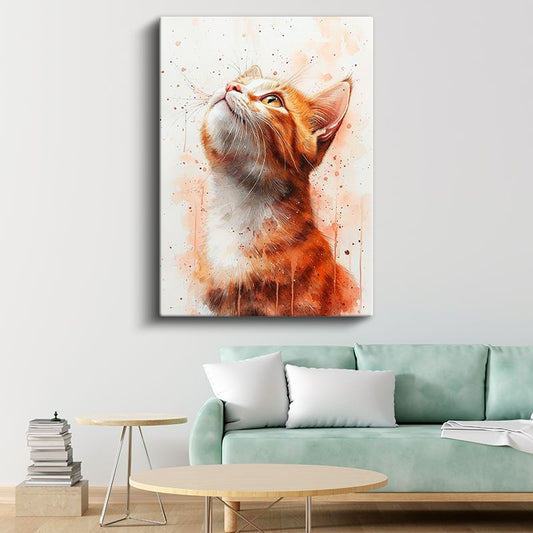 Kızıl Kedi - Suluboya Efektli Yukarı Bakan Portre Kanvas Tablo