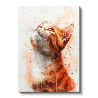 Kızıl Kedi - Suluboya Efektli Yukarı Bakan Portre Kanvas Tablo