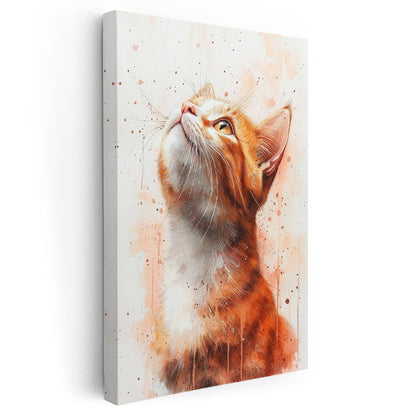 Kızıl Kedi - Suluboya Efektli Yukarı Bakan Portre Kanvas Tablo