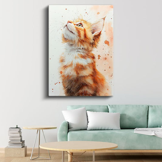 Meraklı Yavru - Suluboya Tarzında Turuncu Kedi Kanvas Tablo