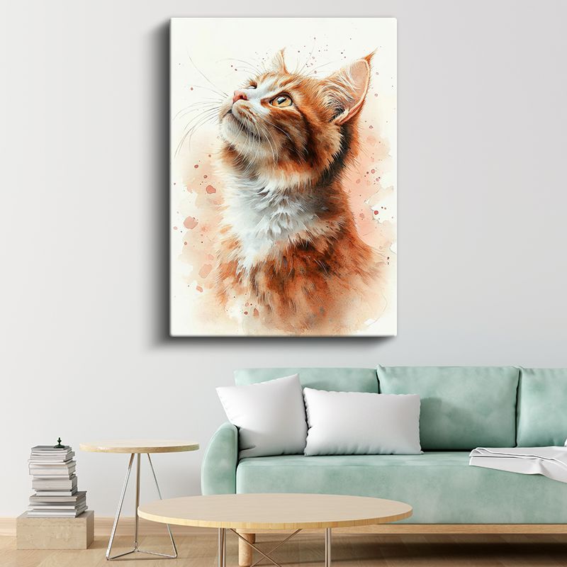 Kızıl Kedi - Suluboya Efektli Yukarı Bakan Portre Kanvas Tablo