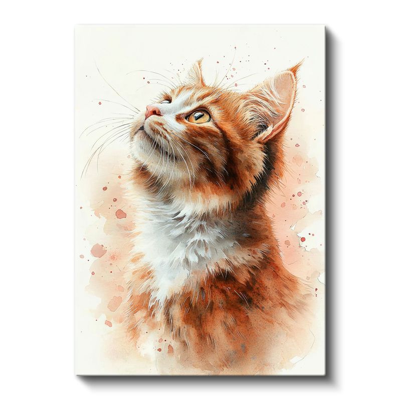 Kızıl Kedi - Suluboya Efektli Yukarı Bakan Portre Kanvas Tablo