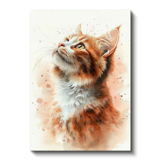 Kızıl Kedi - Suluboya Efektli Yukarı Bakan Portre Kanvas Tablo