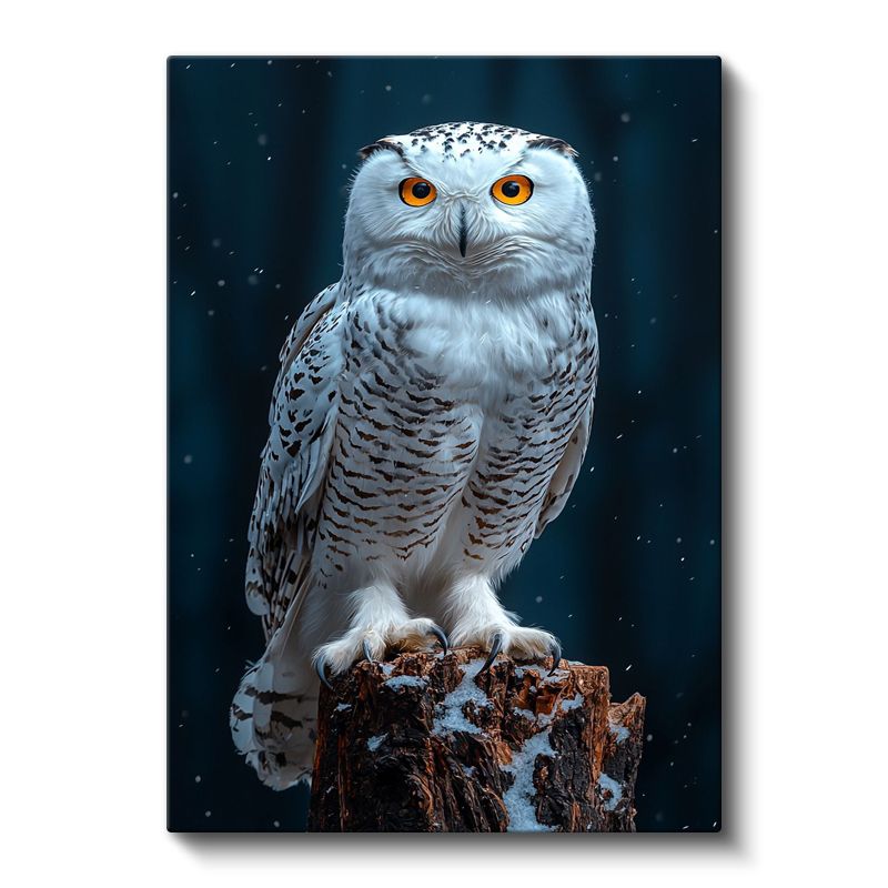 Kar Baykuşu - Kütük Üzerinde Turuncu Gözlü Avcı Kanvas Tablo