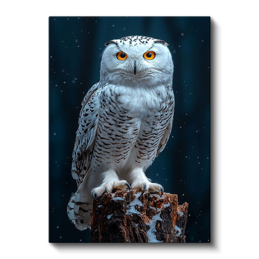 Kar Baykuşu - Kütük Üzerinde Turuncu Gözlü Avcı Kanvas Tablo