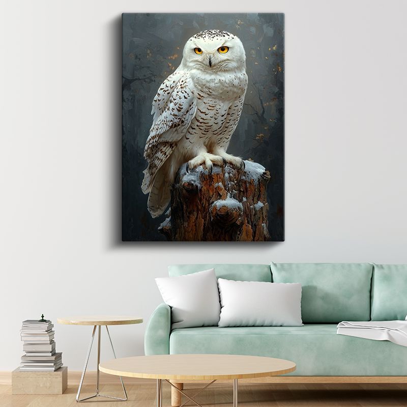 Beyaz Baykuş - Karlı Kütükte Keskin Bakışlar Kanvas Tablo