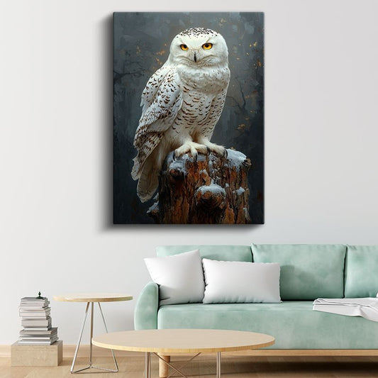 Beyaz Baykuş - Karlı Kütükte Keskin Bakışlar Kanvas Tablo