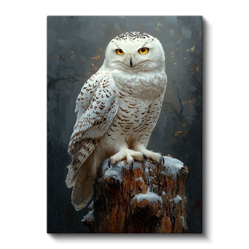 Beyaz Baykuş - Karlı Kütükte Keskin Bakışlar Kanvas Tablo