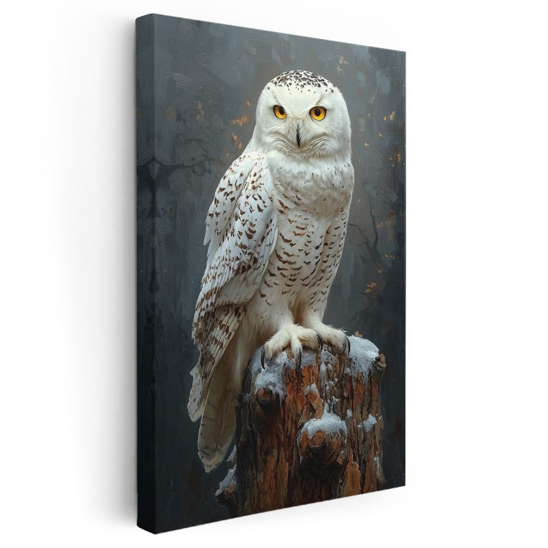 Beyaz Baykuş - Karlı Kütükte Keskin Bakışlar Kanvas Tablo