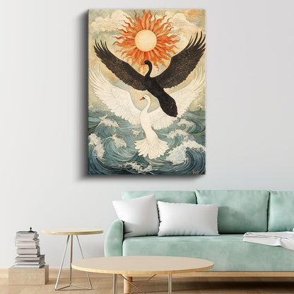 Kuğu Dansı - Siyah Beyaz Zıtlığında Dalgalar Üzerinde Kanvas Tablo