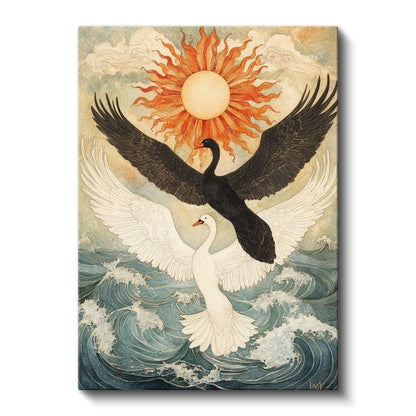 Kuğu Dansı - Siyah Beyaz Zıtlığında Dalgalar Üzerinde Kanvas Tablo