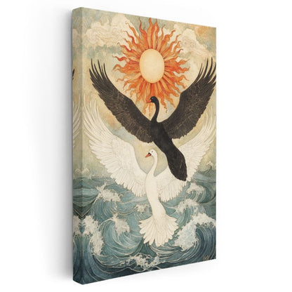 Kuğu Dansı - Siyah Beyaz Zıtlığında Dalgalar Üzerinde Kanvas Tablo