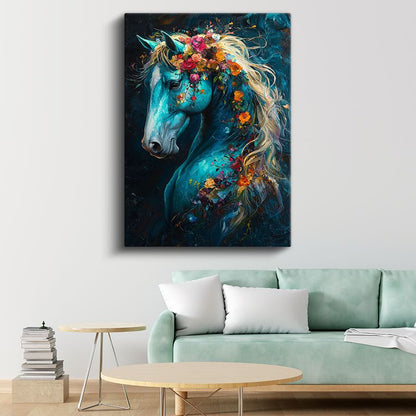 Çiçekli At - Mavi Tonda Sanatsal Portre Kanvas Tablo