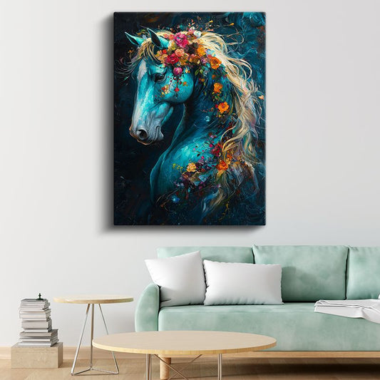 Çiçekli At - Mavi Tonda Sanatsal Portre Kanvas Tablo