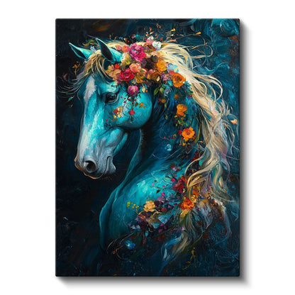 Çiçekli At - Mavi Tonda Sanatsal Portre Kanvas Tablo