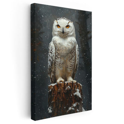 Bilge Baykuş - Kar Taneleri Arasında Turuncu Gözler Kanvas Tablo