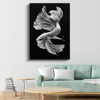 Zarif Beta Balığı - Siyah Zeminde Beyaz Tüllü Yüzgeçler Kanvas Tablo