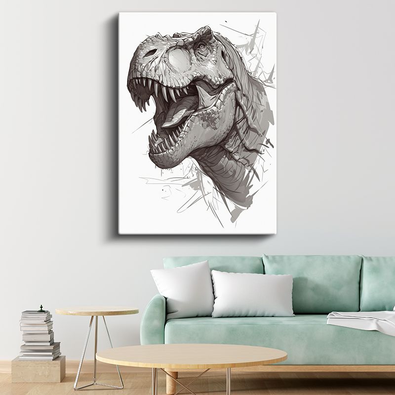 T-Rex Portresi - Gri Tonlarında Keskin Dişli Dinozor Kanvas Tablo