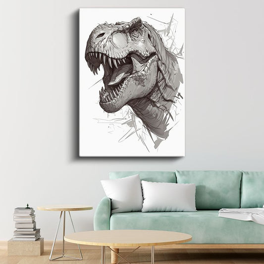 T-Rex Portresi - Gri Tonlarında Keskin Dişli Dinozor Kanvas Tablo