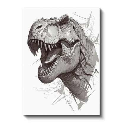 T-Rex Portresi - Gri Tonlarında Keskin Dişli Dinozor Kanvas Tablo