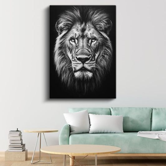 Aslan Portresi - Siyah Beyaz Yeleli Kral Kanvas Tablo